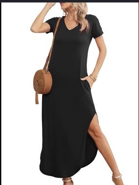 NWT Black V-Neck Short Sleeve Maxi Dress with Side Slit